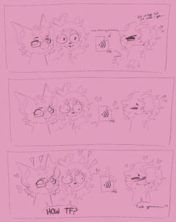 ahoge bat_nose big_ears blush embarrassed eyes_closed eyewear fangs file_format glasses group hair hair_over_eye heart_ahoge heart_symbol long_hair m4a open_mouth teeth text trio conditional_dnp welwraith erin_(welwraith) bat domestic_cat felid feline felis gulonine mammal marten mustelid musteline sable_(marten) 2026 comic digital_drawing_(artwork) digital_media_(artwork) english_text hi_res purple_theme sketch