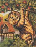 ambiguous_gender brown_body brown_fur building chimney climbing detailed_background food fruit fur house nude open_mouth outside plant semi-anthro sky solo tan_body tan_fur text tile_roof tree whiskers window yellow_eyes louis_wain license_info public_domain domestic_cat felid feline felis mammal ancient_art signature traditional_media_(artwork)