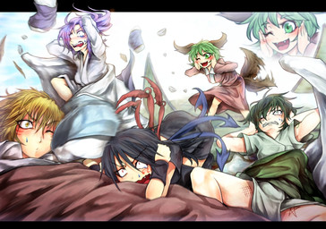 black_clothing black_dress black_hair black_legwear black_thigh_highs blonde_hair bodily_fluids bottomwear breasts brown_ears brown_tail clothed clothed_female clothed_human clothed_humanoid clothing covering covering_ears dress fangs female female_human female_humanoid green_eyes green_hair group hair legwear mismatched_wings one_eye_closed open_mouth pajamas pillow pink_bottomwear pink_clothing pink_shirt pink_skirt pink_topwear purple_hair red_eyes shirt skirt tail tail_motion tailwag tears teeth thigh_highs topwear unusual_anatomy unusual_wings waking_up wince wings yelling yellow_eyes ryuuichi_(f_dragon) touhou ichirin_kumoi kyouko_kasodani minamitsu_murasa nue_houjuu shou_toramaru animal_humanoid canid canid_humanoid human humanoid mammal mammal_humanoid winged_humanoid letterbox