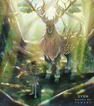 antlers brass_instrument clothing duo feral forest fur hat headgear headwear hooves horn light light_beam musical_instrument plant red_eyes scarf sunbeam sunlight tree white_body white_fur wind_instrument syozikin_5en bandai_namco digimon cernumon digimon_(species) humanoid