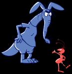 annoyed antennae_(anatomy) anthro blue_body bottomless clothed clothing duo hand_on_hip looking_at_another looking_up open_mouth open_smile red_body simple_background size_difference smile transparent_background halabaluu the_ant_and_the_aardvark blue_aardvark charlie_ant aardvark ant arthropod hymenopteran insect mammal 2017 alpha_channel digital_drawing_(artwork) digital_media_(artwork) hi_res signature