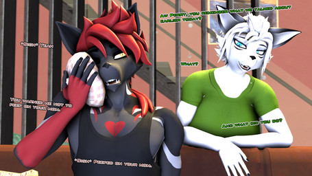 5_fingers anthro big_breasts black_clothing black_shirt black_tank_top black_topwear blue_eyes breasts bruised bruised_eye clothing detailed_background dialogue duo female fingers fur furniture green_clothing green_shirt green_t-shirt green_topwear grey_body grey_fur hair icepack inside male multicolored_body multicolored_fur on_sofa open_mouth open_smile red_body red_fur red_hair shirt short_hair sitting sitting_on_sofa smile sofa t-shirt tank_top text topwear white_body white_fur white_hair yellow_eyes atoastedorange warfaremachine_(modeler) maxine_(domibun) paradox_valentine canid canine fox mammal 16:9 2025 3d_(artwork) digital_media_(artwork) english_text hi_res source_filmmaker_(artwork) widescreen
