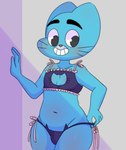 anthro blush bra cleavage_cutout clothed clothing crossdressing cutout femboy frilly frilly_bra frilly_clothing frilly_underwear keyhole_bra keyhole_clothing keyhole_underwear male smile solo string string_panties teeth underwear threek cartoon_network the_amazing_world_of_gumball gumball_watterson felid feline felis mammal absurd_res hi_res