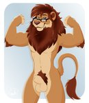 animal_genitalia anthro balls eyewear flaccid fully_sheathed fur genitals glasses male mane penis pose pubes sheath solo tan_body tan_fur kwik_(artist) leon_goldenmane felid lion mammal pantherine absurd_res hi_res pinup