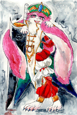 4_toes alternate_species anthro barefoot claws clothed clothing feet fur furrification hair hat headgear headwear long_ears looking_at_viewer male melee_weapon open_mouth pink_body pink_eyes pink_fur pink_hair smile solo sword teeth toes tuft weapon white_body white_fur kyokyota magi_the_labyrinth_of_magic ren_kouha lagomorph leporid mammal rabbit 2015 absurd_res hi_res painting_(artwork) traditional_media_(artwork) watercolor_(artwork)