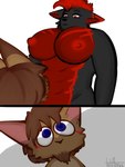 2_panel_comic anthro bangs big_breasts black_body black_eyebrows black_fur black_nose blue_eyes blush blush_lines breasts brown_body brown_facial_hair brown_fur brown_hair brown_nose cheek_tuft chest_markings duo ear_markings ears_down eyebrows eyelashes facial_hair facial_tuft female fur goatee hair half-closed_eyes imposing larger_female looking_down looking_down_at_another looking_up looking_up_at_another male male/female markings mouthless multicolored_body multicolored_fur muscular muscular_anthro muscular_female narrowed_eyes nipples nude pink_inner_ear pivoted_ears red_body red_eyes red_fur red_hair red_inner_ear red_nipples shadow short_hair simple_background size_difference smaller_male standing tuft white_background tatianrus_kartowka camber_roo scarlet_ironclaw canid canine canis kangaroo macropod mammal marsupial wolf 2024 artist_name comic digital_media_(artwork) hi_res