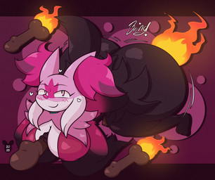 anthro big_breasts big_butt biped blush blush_lines breasts butt closed_smile dildo exclamation_point eyebrows eyelashes female fingers fire heart_symbol mouth_closed pink_body pupils sex_toy smile solo sound_effects tail white_heart white_pupils white_sclera luanctoons nintendo pokemon pokemon_legends_z-a bonnie_(luanctoons) generation_9_pokemon mega_delphox mega_evolution pokemon_(species) 2025 absurd_res digital_media_(artwork) hi_res
