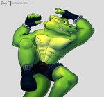 anthro bottomwear bulge clothed clothing detailed_bulge footwear gloves handwear looking_at_viewer male shoes shorts solo topless diam_snow heroes_of_goo_jit_zu rockjaw alligator alligatorid crocodilian reptile scalie