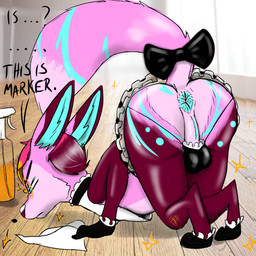 accessory anthro anus apron backsack balls bow_ribbon butt cleaning clothed clothing collar crossdressing_male eyewear footwear genitals glasses gloves hair_accessory hair_bow hair_ribbon handwear leg_markings maid_uniform male markings prank presenting presenting_anus presenting_hindquarters ribbons skimpy socks socks_(marking) solo uniform notactuallyhere canid canine fennec_fox fox mammal true_fox 1:1
