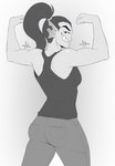 biceps butt clothed clothing ear_frill female flexing frill_(anatomy) hair muscular muscular_female notched_ear ponytail rear_view sharp_teeth solo teeth wetwasabi undertale undertale_(series) undyne fish marine 2021 absurd_res greyscale hi_res monochrome