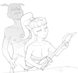 ambiguous_penetration anthro asian_clothing bodily_fluids bored butt butt_grab chest_wraps cleaning_sword clenched_teeth clothing disinterested_sex duo east_asian_clothing emanata eyeless female from_behind_position fundoshi hair hand_on_butt japanese_clothing katana male male/female melee_weapon nude penetration ponytail sex sweat sword teeth underwear weapon wraps dbaru usagi_yojimbo inazuma_(usagi_yojimbo) canid canine canis domestic_cat domestic_dog felid feline felis mammal 2026 hi_res monochrome