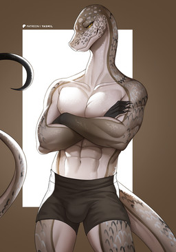 anthro boxers_(clothing) boxers_only bulge clothed clothing crossed_arms front_view long_neck long_tail male muscular muscular_anthro muscular_male shirtless_male solo tail topless underwear underwear_only yellow_eyes yasmil reptile scalie snake hi_res