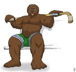 anthro athletic_wear bottomwear carrying_another claws clothing eyebrows eyewear glasses grey_claws grey_nose gym_bottomwear gym_shorts hockey_stick leaning leaning_backward locker_room male on_shoulders pink_tongue shorts simple_background solo thick_fur tongue tongue_out white_background howz devin_d_parlett canid canine canis domestic_dog mammal molosser mountain_dog newfoundland_dog colored digital_media_(artwork)