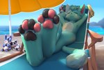 4_toes ambiguous_gender anthro beach beach_chair black_pawpads countershading eyes_closed feet foot_focus foreshortening fur green_body green_fur hands_behind_head multicolored_pawpads outside pawpads pink_pawpads plushie relaxing solo toes trigaroo domestic_cat felid feline felis mammal hi_res