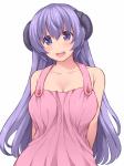 :d apron blush breasts cleavage clothed clothing female hair horn long_hair not_furry open_mouth purple_eyes purple_hair smile solo teeth hasu_(hk_works) higurashi_no_naku_koro_ni hanyuu horned_humanoid humanoid 3:4