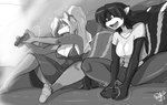 anthro black_hair bottomwear breasts casual_clothing cleavage clothed clothing controller dress duo female game_controller gaming hair motion_lines panicking pants playing_video_game ponytail shirt smile sweatpants topwear white_hair shonuff bianca_crowley cikyla mammal mephitid skunk 2023 black_and_white hi_res monochrome story story_in_description