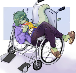 5_fingers abstract_background anthro claws clothing disability eyes_closed female finger_claws fingers footwear freckles green_body green_hair green_scales hair heelpop hoodie long_tail loose_footwear lying on_back paraplegic scales shoe_dangle shoes sleeping slippers snout solo tail text topwear vehicle wheelchair duppio cavemanon_studios gundam i_wani_hug_that_gator olivia_halford baryonyx dinosaur prehistoric_species reptile scalie spinosaurid theropod 2024 absurd_res artist_name digital_drawing_(artwork) digital_media_(artwork) hi_res signature