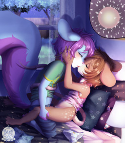 anthro anthro_on_anthro anthro_penetrated anthro_penetrating anthro_penetrating_anthro bed blue_body blue_bottomwear blue_clothing blue_ears blue_fur blue_shorts blue_tail blush bottomless bottomwear clothed clothing discarded_clothing duo female female_penetrated fingerless_(marking) fur furniture genitals grass green_clothing green_shirt green_topwear hair impregnation inside internal kissing male male/female male_penetrating male_penetrating_female multicolored_clothing multicolored_shirt multicolored_topwear night on_bed ovum panties partially_clothed penetration penis pillow plant purple_hair purple_tail sex shirt shorts sky sperm_cell star starry_sky tail topwear tree two_tone_clothing two_tone_shirt two_tone_tail two_tone_topwear underwear vulva window yellow_clothing yellow_shirt yellow_topwear young young_anthro young_on_young midnightgospel luca_akune zeke_(zekey) cell_(organism) mammal micro_organism_(organism) mouse murid murine rodent sciurid hi_res