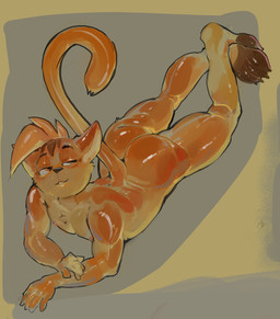 anthro butt fur looking_at_viewer lying male male_anthro narrowed_eyes nude on_front orange_body orange_ears orange_eyes orange_fur orange_tail simple_background smile solo striped_head tail tan_body tan_fur oselotti oselotti_(character) 2025 hi_res