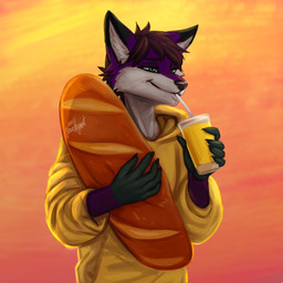 anthro beverage bread brown_hair clothing dipstick_ears drinking ear_markings food fur gloves_(marking) green_eyes hair holding_food holding_object hoodie inner_ear_fluff loaf male markings multicolored_body multicolored_ears multicolored_fur orange_sky outside purple_body purple_fur satisfied sky solo topwear tuft two_tone_body two_tone_fur white_body white_fur youraugust canid canine fox mammal 1:1 hi_res