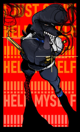 anthro big_breasts black_body blue_nail_polish bodily_fluids bottomwear breasts clothing collar covering covering_breasts dual_wielding exclamation_point female golden_gun hair hat headgear headwear holding_object holding_weapon hotpants jacket shadow shorts smoking_gun solo tears teeth text thick_thighs tongue tongue_out topwear visor_cap weapon white_clothing brothersmiler trilla_(brothersmiler) canid canine canis domestic_dog mammal poodle absurd_res hi_res