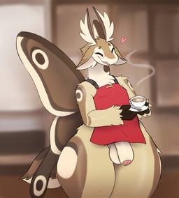 anthro apron beverage blush clothing coffee flaccid foreskin genitals male penis solo thick_thighs atherol toffee_(eryi) arthropod insect lepidopteran moth hi_res