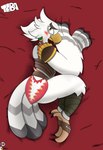 anthro armor bed bed_sheet bedding blush dakimakura furniture lying male on_side solo warrior dankbudgie nintendo the_legend_of_zelda teba_(tloz) avian absurd_res hi_res