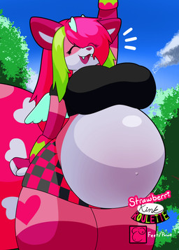 anthro antlers belly big_belly big_breasts breasts cheerful eyes_closed female green_hair hair horn low-angle_view motion_lines pink_body pink_hair pregnant pregnant_anthro pregnant_female smile solo tail thick_thighs wings starrydraco strawberri_(starrydraco) mammal therrigon absurd_res digital_media_(artwork) hi_res