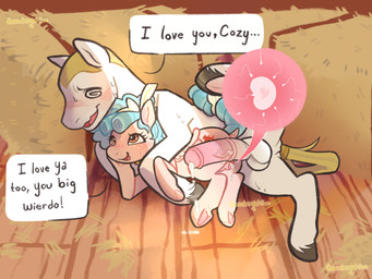 animal_genitalia animal_penis animal_vulva anus barn blue_hair blush bodily_fluids cum duo equine_genitalia equine_penis equine_vulva female female_penetrated feral from_behind_position genital_fluids genitals hair hay hoof_holding impregnation internal loli love male male/female male_penetrating male_penetrating_female penetration penis raised_leg sex shaved_head sperm_cell spoon_position sweat text vulva warm_lighting wings young young_female goodnightsunnyy friendship_is_magic hasbro my_little_pony mythology cozy_glow_(mlp) fan_character earth_pony equid equine horse mammal mythological_creature mythological_equine pegasus pony 4:3 hi_res