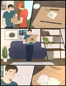 areola blush box breasts cardboard cardboard_box clothed clothing container duo fake_breasts fully_clothed furniture impending_transformation male nipples not_furry plant plant_pot potted_plant pre-transformation profanity sofa stubble surprised text thought_bubble jazzy_johima human mammal comic english_text hi_res
