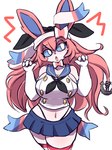 accessory anchor anthro asian_clothing blue_eyes bottomwear bow_ribbon breasts cleavage clothed clothing cosplay crossover_cosplay east_asian_clothing female g-string hair hair_accessory headband japanese_clothing japanese_school_uniform legwear long_hair midriff navel pink_hair pose school_uniform serafuku simple_background skirt solo stockings underwear uniform oreon_smol kantai_collection nintendo pokemon shimakaze_(kancolle) summer_(oreon_smol) eeveelution generation_6_pokemon pokemon_(species) sylveon crossover hi_res shaded