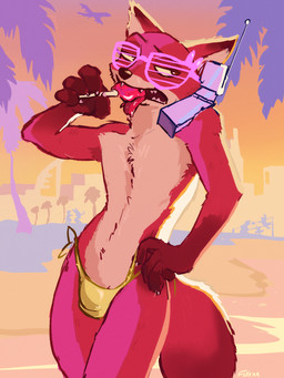 aircraft airplane anthro beach bikini bikini_thong bulge cellphone city city_background cityscape claws clothing distracted electronics eyewear food licking male midriff paws phone popsicle sharp_teeth shirtless shutter_shades solo swimwear tail teeth thong tongue two-piece_swimsuit underwear vehicle foxtra oxtra disney grand_theft_auto gta_vi_cover_girl rockstar_games zootopia nick_wilde canid canine fox humanoid mammal 3:4 hi_res