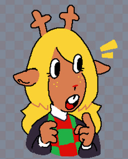 4_fingers anthro antlers blonde_hair brown_body brown_fur buckteeth checkered checkered_background checkered_clothing checkered_topwear clothing female fingers freckles fur hair horn long_hair open_mouth pattern_background pattern_clothing pattern_topwear red_nose simple_background solo sweater teeth topwear asepriterico deltarune undertale_(series) noelle_holiday deer mammal new_world_deer reindeer 2025 digital_media_(artwork) half-length_portrait pixel_(artwork) portrait