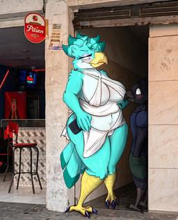 anthro beak belly big_belly big_breasts breasts claws clothed clothing dominant dominant_female duo feathers female female_anthro larger_female male overweight overweight_female size_difference thick_thighs wide_hips urefunest a_chance_encounter suna_(urefunest) accipitrid accipitriform avian bird eagle martial_eagle hi_res meme
