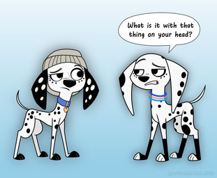 beta_design black_body black_fur black_nose black_paws black_spots blue_collar clothing collar collar_tag duo eyelashes female feral floppy_ears freckled_face freckles fur grey_clothing grey_hat grey_headwear hat headgear headwear heart_collar_tag leg_markings long_ears markings socks_(marking) spots square_crossover toony white_body white_fur white_spots insufferableoaf 101_dalmatian_street 101_dalmatians disney daisy_(101_dalmatians) dolly_(101_dalmatians) canid canine canis dalmatian domestic_dog mammal hi_res