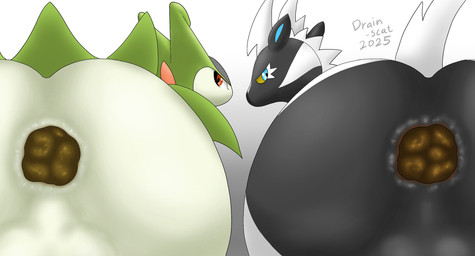 anus anus_focus balls black_body blue_eyes butt butt_focus crowning_feces duo feces feces_in_ass feral genitals green_body looking_back male multicolored_body pooping pooping_together puffy_anus rear_view red_eyes simple_background two_tone_body white_background white_body drain_scat nintendo pokemon equid equine generation_5_pokemon legendary_pokemon mammal pokemon_(species) virizion zebstrika hi_res