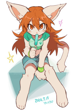 anthro barefoot big_ears bottomwear clothing colored_nails crop_top denim denim_bottomwear denim_clothing denim_shorts eyelashes feet female food footprint green_clothing green_shirt green_topwear hair looking_at_viewer nails navel orange_hair pawprint popsicle popsicle_in_mouth shirt shorts simple_background sitting solo star tail topwear whiskers white_background wristband sanjiro arita_naomi domestic_cat felid feline felis mammal 2024 dated hi_res