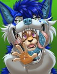 anthro anthro_pred anthro_prey blue_body blue_fur blue_inner_ear_fluff blue_mouth blue_nose duo female female/female female_pred female_prey forced fur head_in_mouth inner_ear_fluff neck_bulge oral_vore reaching_towards_viewer same_size_vore stretched_throat swallowing tuft unwilling_prey vore ifus alexandra_(velocitycat) rai_(shadowblade945) canid canine canis cheetah felid feline mammal wolf 2023 digital_media_(artwork) hi_res