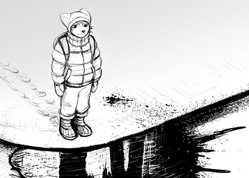 anthro backpack blood blood_splatter bodily_fluids clothing duo footsteps handwear looking_down male mittens winter_clothing winter_coat young young_anthro young_male hladilnik daniel_(hladilnik) canid canine canis mammal wolf 2025 hi_res monochrome