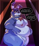 anthro areola belly belly_overhang blush bodily_fluids bow_tie dialogue featureless_crotch frown inside looking_at_viewer machine male moobs narrowed_eyes navel nipples nude open_frown open_mouth overweight overweight_anthro overweight_male profanity solo spotlight standing sweat talking_to_viewer teeth text the_truth thick_thighs koenics five_nights_at_freddy's scottgames bonnie_(fnaf) animatronic lagomorph leporid mammal rabbit robot 2025 english_text