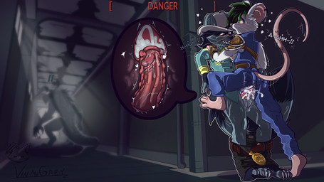 4_toes against_surface anthro anthro_on_anthro anthro_penetrated anthro_penetrating anthro_penetrating_anthro armor balls barefoot belt belt_buckle black_bottomwear black_clothing black_hair black_pants bodily_fluids bottomwear bottomwear_down buckle cervical_contact claws clothed clothed_anthro clothed_female clothed_male clothing collared_shirt cowboy_hat cum cum_in_uterus cum_in_vagina cum_inside detailed_background dominant dominant_female dress_shirt duo ear_piercing ear_ring excessive_cum excessive_genital_fluids exposed facing_each_other feet female female_anthro female_penetrated foot_on_wall from_front_position fully_clothed fully_clothed_anthro fully_clothed_female fully_clothed_male fur gameplay_mechanics genital_fluids genitals grey_body grey_fur grin hair hallway hands_on_shoulders hat headgear headwear heart_symbol inside internal internal_vaginal jumpsuit jumpsuit_down male male/female male_anthro male_penetrating male_penetrating_female markings moan motion_lines on_one_leg orgasm pants pants_down partially_clothed penetration penile penile_penetration penis penis_in_vagina piercing pip-boy post-apocalyptic precum rear_view ring_piercing sex shaking shirt shoulder_pads smile sound_effects standing standing_sex stealth_sex straddling striped_markings striped_tail stripes submissive submissive_male sweat tail tail_markings thrusting toe_claws toes topwear trembling unzipped uterus vaginal vaginal_fluids vaginal_fluids_on_penis vaginal_penetration white_body white_fur zipper vinzin_(artist) fallout microsoft background_character lokie_ebonheart nigel_(drcaptain) deathclaw mammal mouse murid murine procyonid raccoon rodent scalie 16:9 2026 4k absurd_res hi_res widescreen