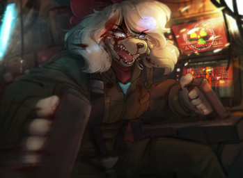anthro battle blood blood_on_face bodily_fluids cockpit critical_condition female fighting_pose inside interior_background machine mecha nosebleed pose science_fiction screaming solo tears teary_eyes yelling ardail battletech mechwarrior nintendo star_fox fay_(star_fox) bird_dog canid canine canis domestic_dog hunting_dog mammal spaniel absurd_res hi_res