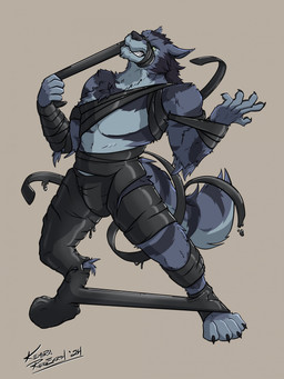 4_toes 5_fingers anthro bdsm black_claws blue_body blue_fur bondage bound claws clenched_teeth digitigrade feet fingers fluffy fur green_eyes grey_body grey_fur latex liquid_latex long_tail male muzzle_(object) muzzled pointy_ears prick_ears simple_background snout solo standing straps struggling tail tan_background teeth toes kemira mythology wereira canid canine canis living_latex mammal mythological_canine mythological_creature werecanid werecanine werecreature werewolf wolf 2024 hi_res signature