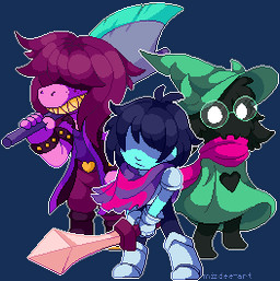 ambiguous_gender ambiguous_human axe clothing eyewear fur glasses group hat headgear headwear heart_symbol melee_weapon scarf sharp_teeth sword teeth trio weapon mizartz deltarune undertale_(series) kris_dreemurr ralsei susie_(deltarune) bovid caprine darkner goat human mammal reptile scalie 2018 animated digital_media_(artwork) loop low_res pixel_(artwork) pixel_animation
