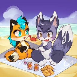 beach beverage_can blue_eyes blue_hair blush brown_eyes chibi chips_(food) colored_nails duo female femboy food hair male nails open_mouth seaside sky towel nyameowi camira_(schattenflamme) yaku_(yakukitsu) ambient_arthropod ambient_crab ambient_crustacean ambient_sealife canid canine fennec_fox fox mammal true_fox 1:1