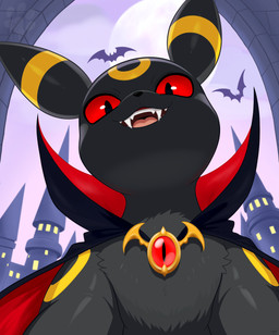 accessory ambiguous_gender black_body black_fur brick_wall cape castle chest_tuft clothing fangs feral fur light looking_at_viewer low-angle_view markings moon moonlight multicolored_body multicolored_fur night open_mouth red_sclera ring_(marking) ringed_tail simple_background smile solo striped_markings striped_tail stripes tail tail_markings teeth tongue tuft two_tone_body two_tone_fur vampire_costume wall_(structure) yellow_markings luzarte nintendo pokemon bat canid canine eeveelution generation_2_pokemon mammal pokemon_(species) umbreon absurd_res digital_media_(artwork) hi_res