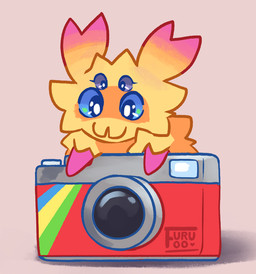 4_eyes after_transformation blue_eyes camera digital_camera fluffy fur multi_eye yellow_body yellow_fur furufoo nintendo pokemon arachnid arthropod generation_5_pokemon joltik pokemon_(species) spider