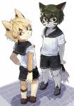 ambiguous_gender anthro blue_eyes bottomwear brown_eyes clothing duo footwear looking_at_viewer looking_back school_uniform shoes shorts uniform young young_anthro umani furiorid harvic canid canine felid mammal 2016