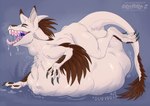 ambiguous_gender ambiguous_pred ambiguous_prey belly big_belly blue_background bodily_fluids brown_wings drooling eyes_closed feathered_wings feathers feral fur huge_belly lying on_front open_mouth pink_tongue saliva semi-anthro side_view simple_background solo text tongue tongue_out vore white_body white_fur winged_arms wings santanahoffman mythology dragon furred_dragon furred_scalie mythological_creature mythological_scalie scalie artist_name hi_res