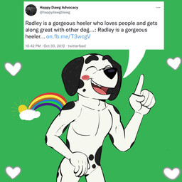 anthro black_body black_ears black_fur black_nose black_spots black_tail blush cloud eyes_closed fur green_background heart_symbol love male markings multicolored_body multicolored_fur rainbow raised_finger simple_background solo spots spotted_body spotted_fur standing sun tail teeth text tongue two_tone_body two_tone_fur two_tone_tail white_body white_fur white_tail beargarbage bluey_(series) frank_(bluey) canid canine canis dalmatian domestic_dog mammal 1:1 2022 digital_media_(artwork) english_text hi_res